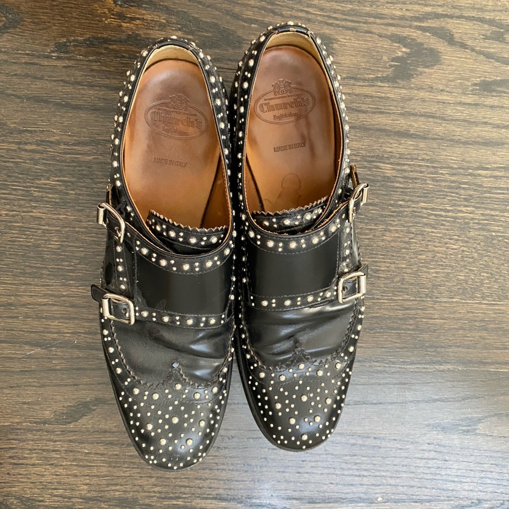 Church’s English shoes. Black Stud Embellished Buckle-detailed Loafers. Size 38